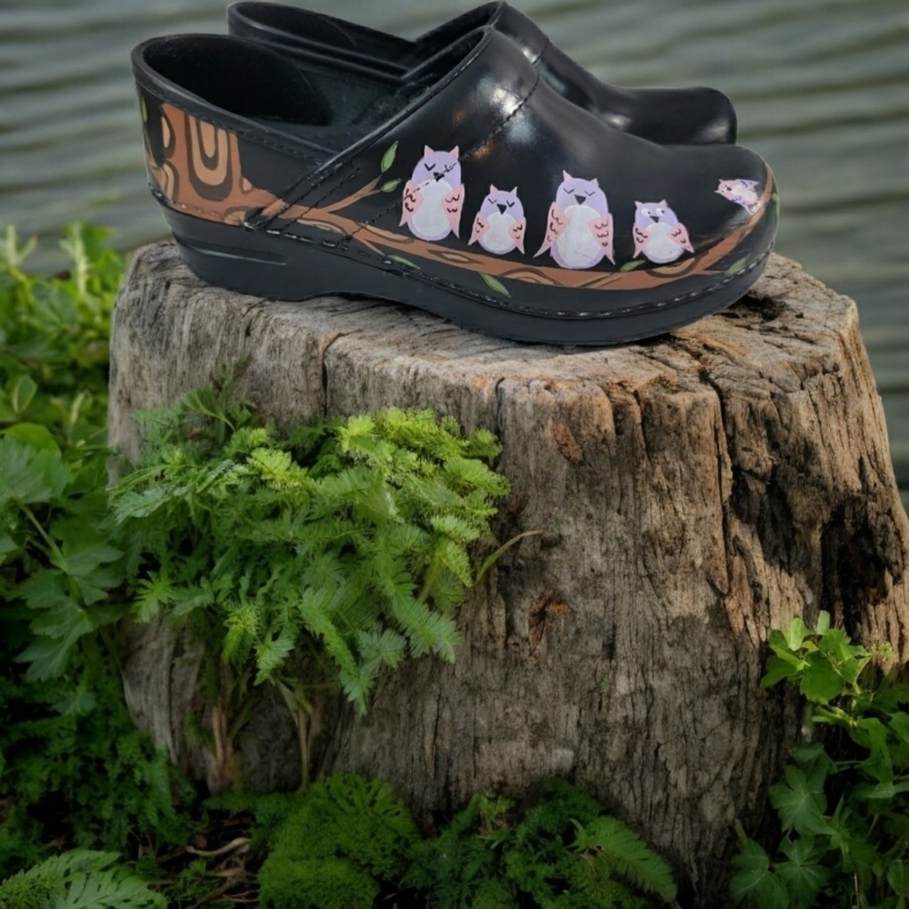 Sanita Woman's size Euro 38  Clogs with Owl in Trees theme.